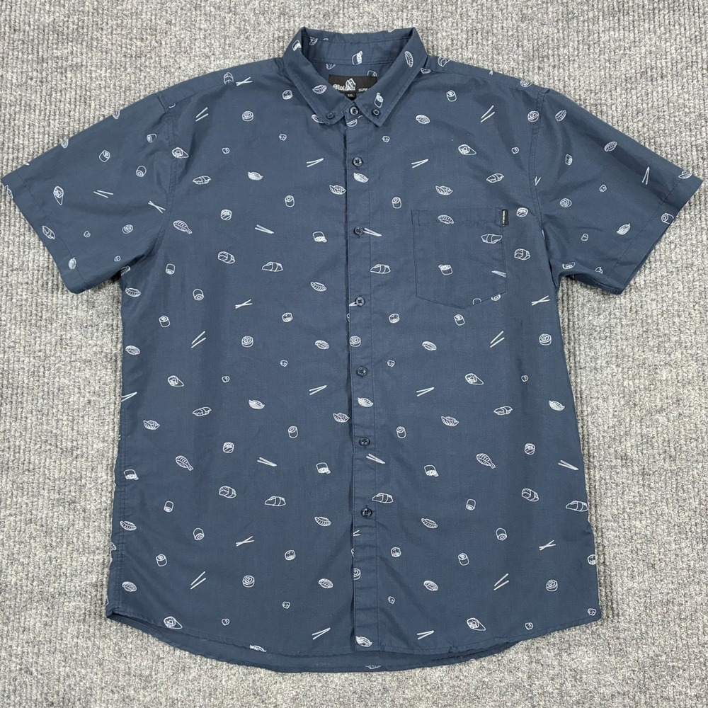 Molokai Surf Co Mens Button Up Shirt XXL Sushi Print Short Sleeve Blue Casual